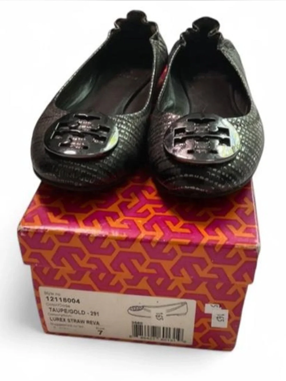 Tory Burch Reva flats, metallic snake-embossed leather, silver-tone logo, 7
